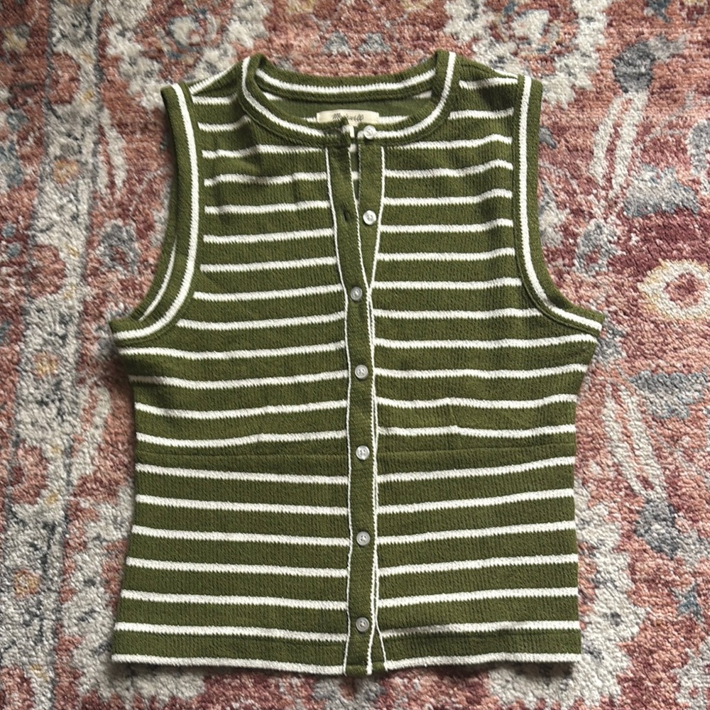 Madewell Green and White Striped Cardigan Tank XS